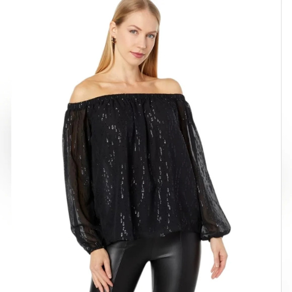 Lilly Pulitzer Emilee Black Metallic Silk Off The Shoulder Flowy Blouse Size XXS - Picture 7 of 7